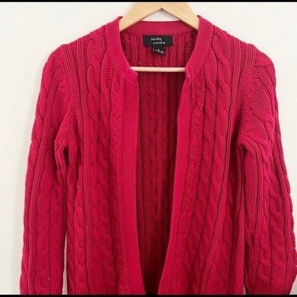 Sandra & Andre Red Cable Knit Long Open Front Cardigan Sweater Women’s Small - Picture 3 of 4